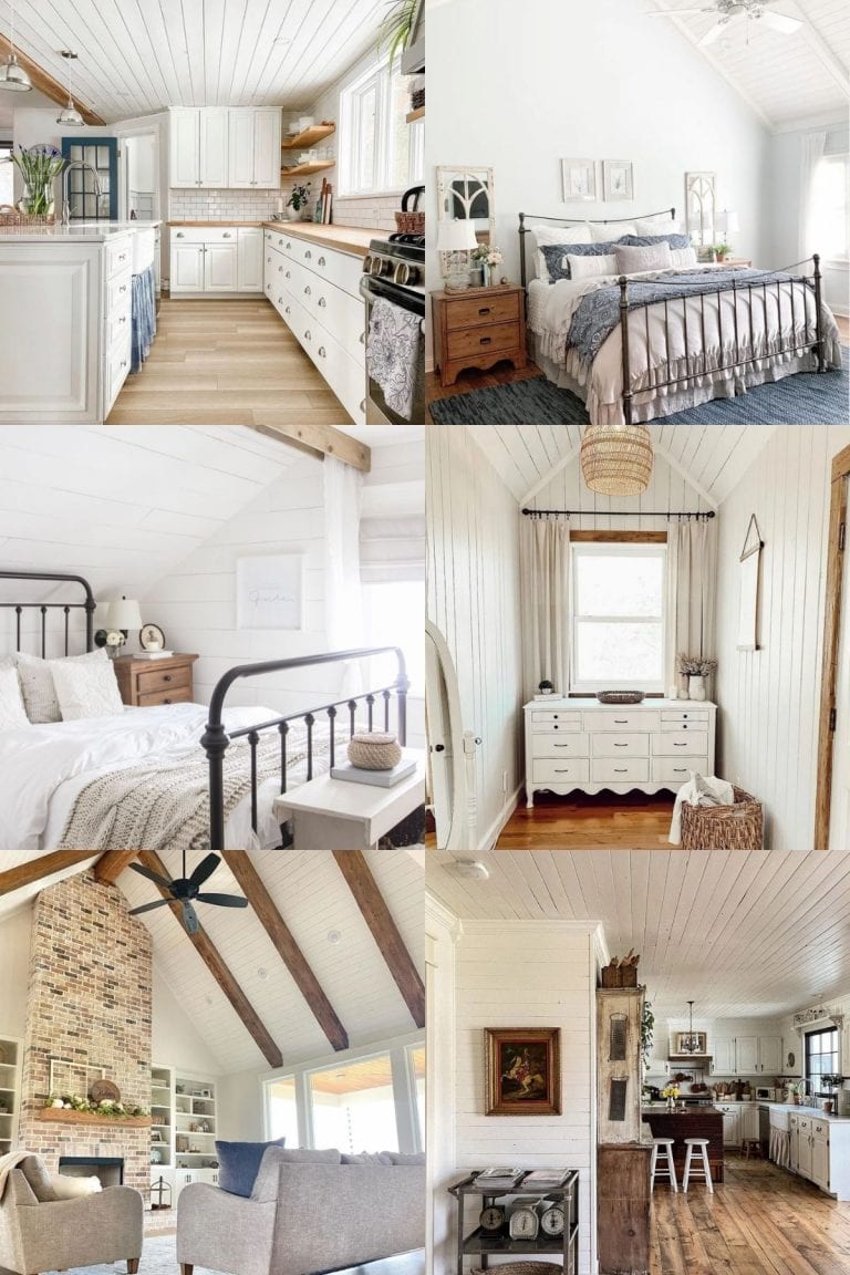 Six images featuring interior living rooms, kitchens, or bedrooms in farmhouse style.