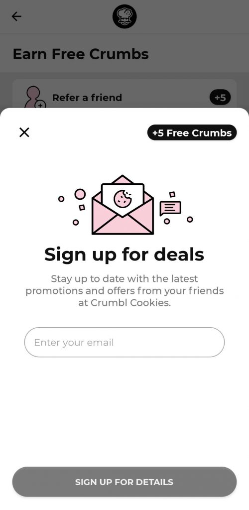 Phone screenshot of Crumbl Cookies app email signup.