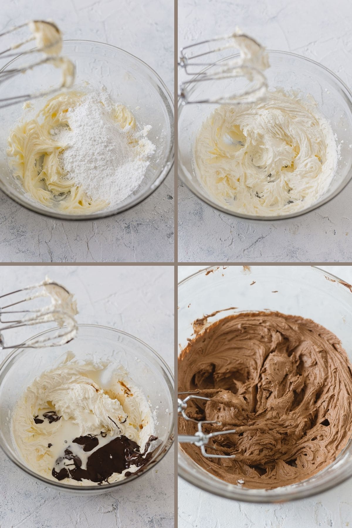 Step by step images of how to make chocolate buttercream with butter, sugar, and melted chocolate.