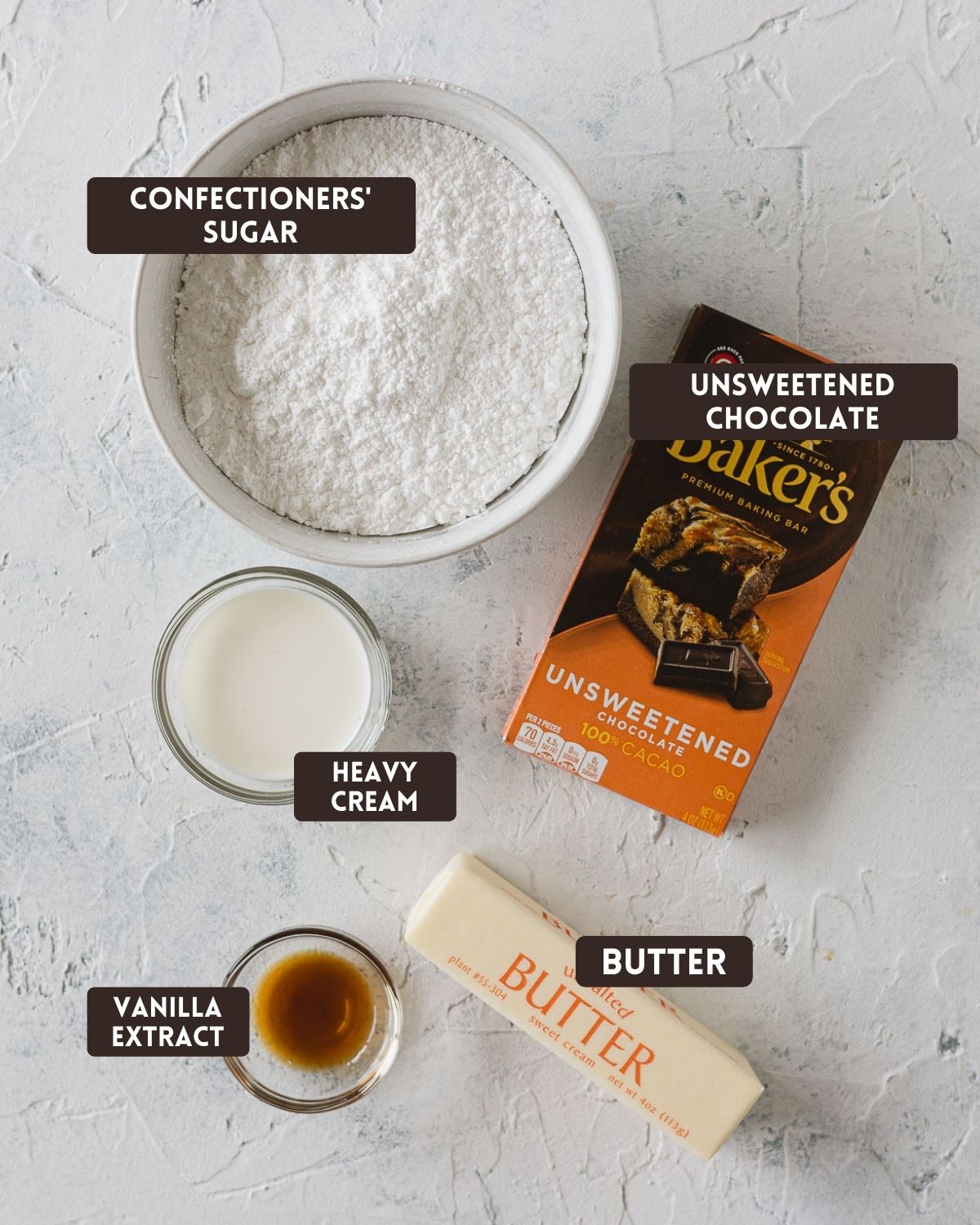 Labeled ingredients for chocolate buttercream: sugar, unsweetened chocolate, heavy cream, vanilla extract, and unsalted butter.