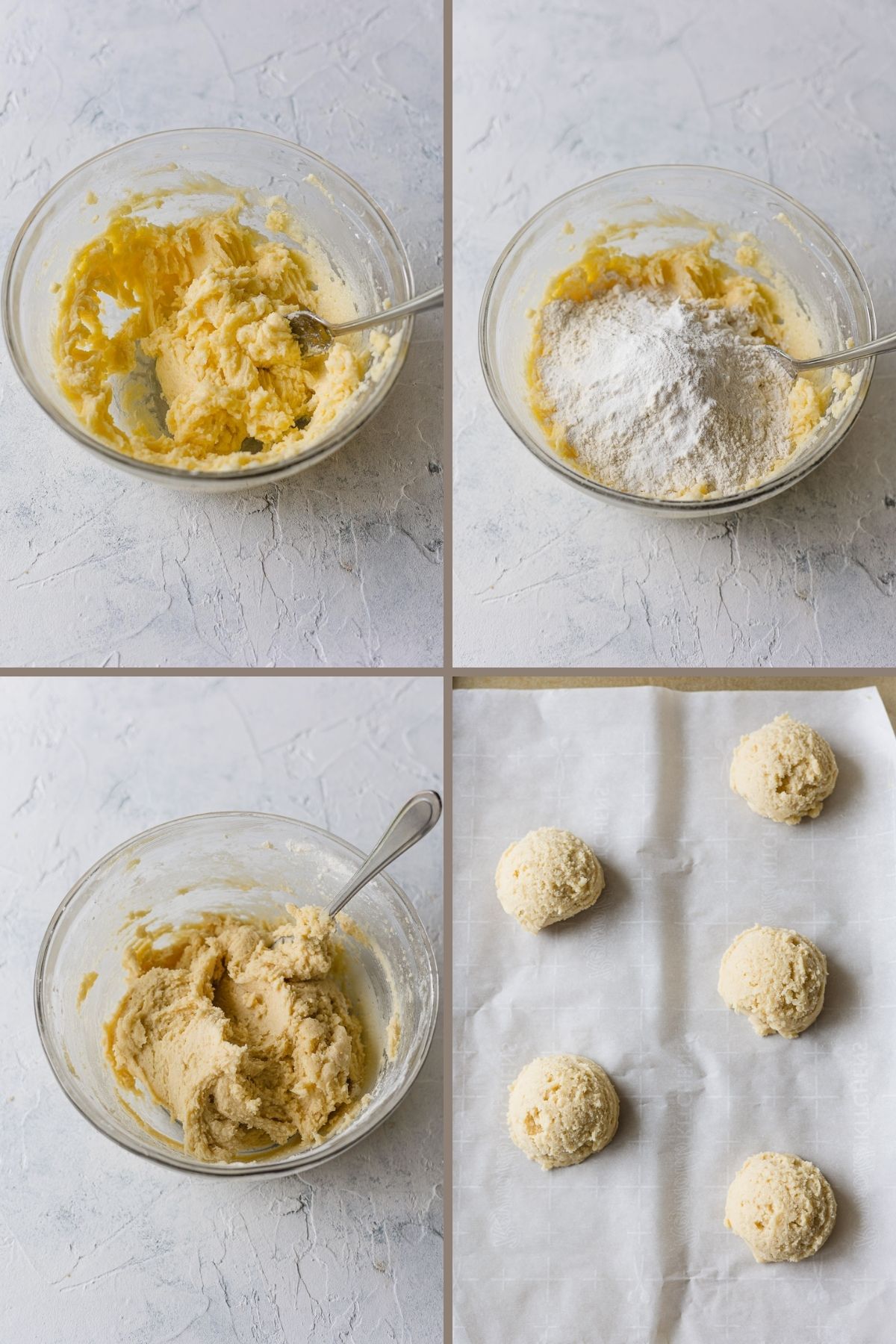 Step by step making sugar cookie down and scooping cookies.