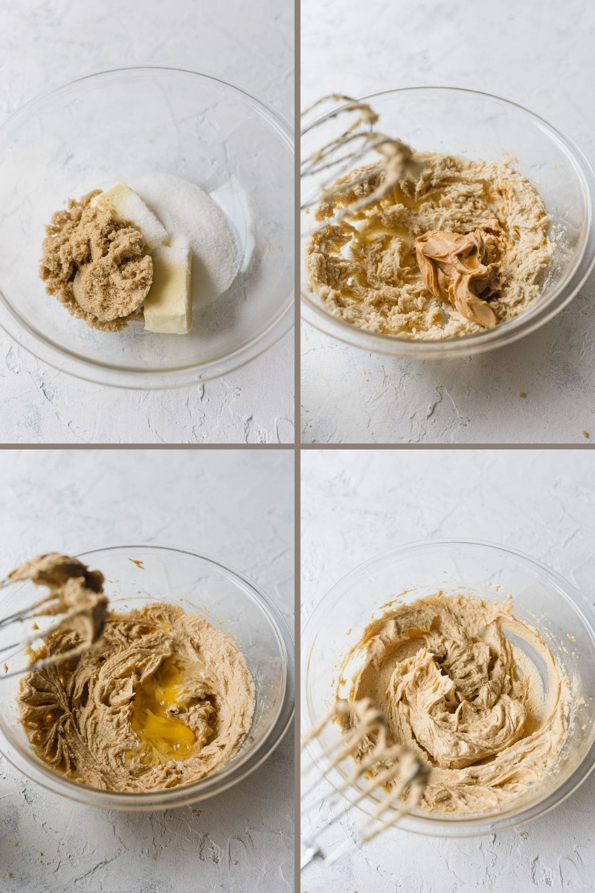Step by step images of making peanut butter cookie dough.