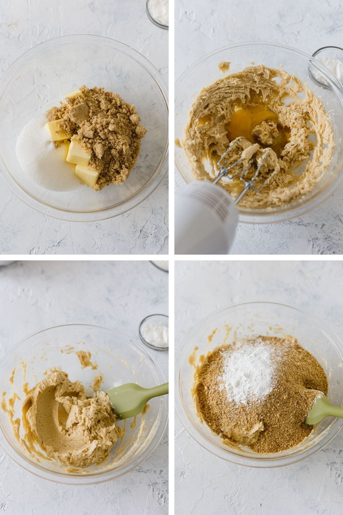 A collage of four images: ingredients for cookie dough, beating in an egg, mixing with a spatula, and adding graham cracker crumbs and dry ingredients.