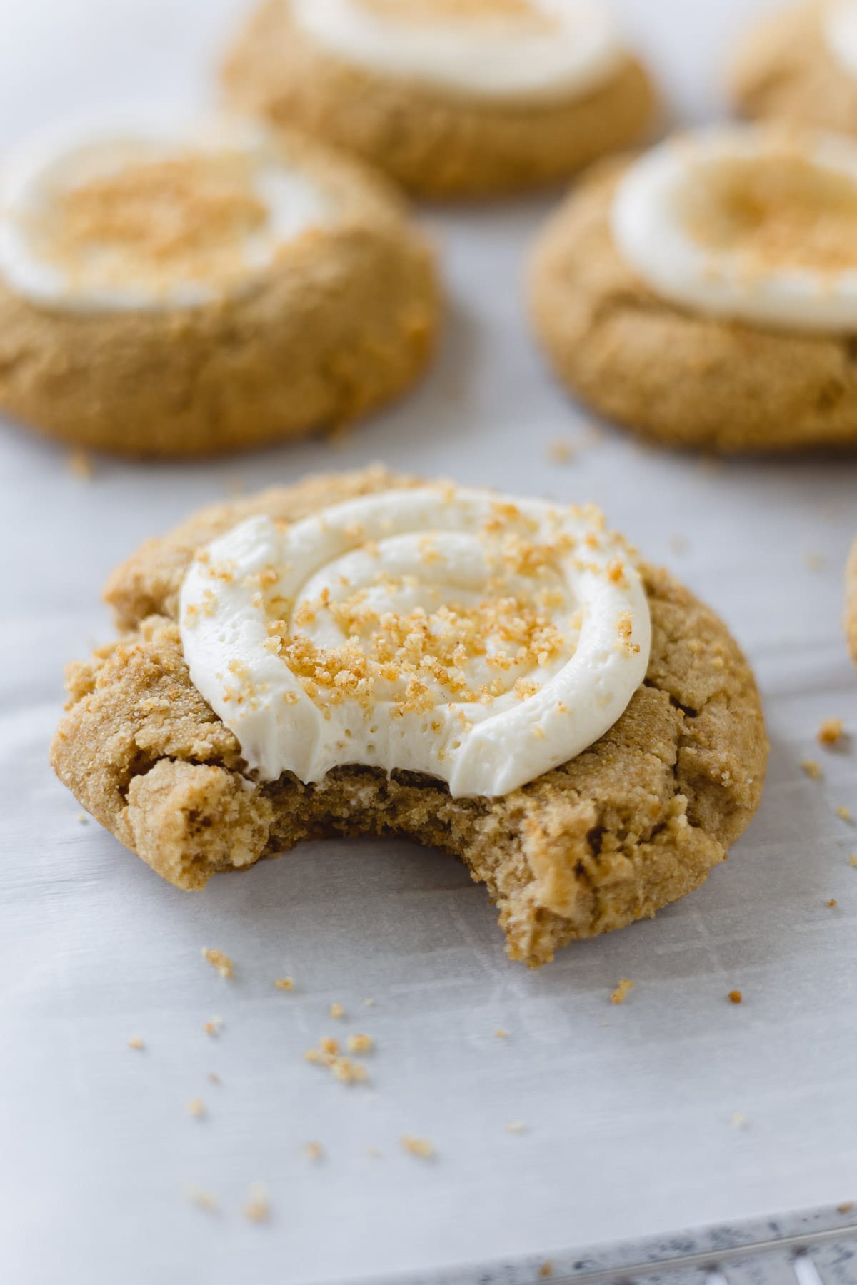 A graham cracker cookie with cheesecake frosting, a sprinkle of graham cracker crust, and a bite removed.