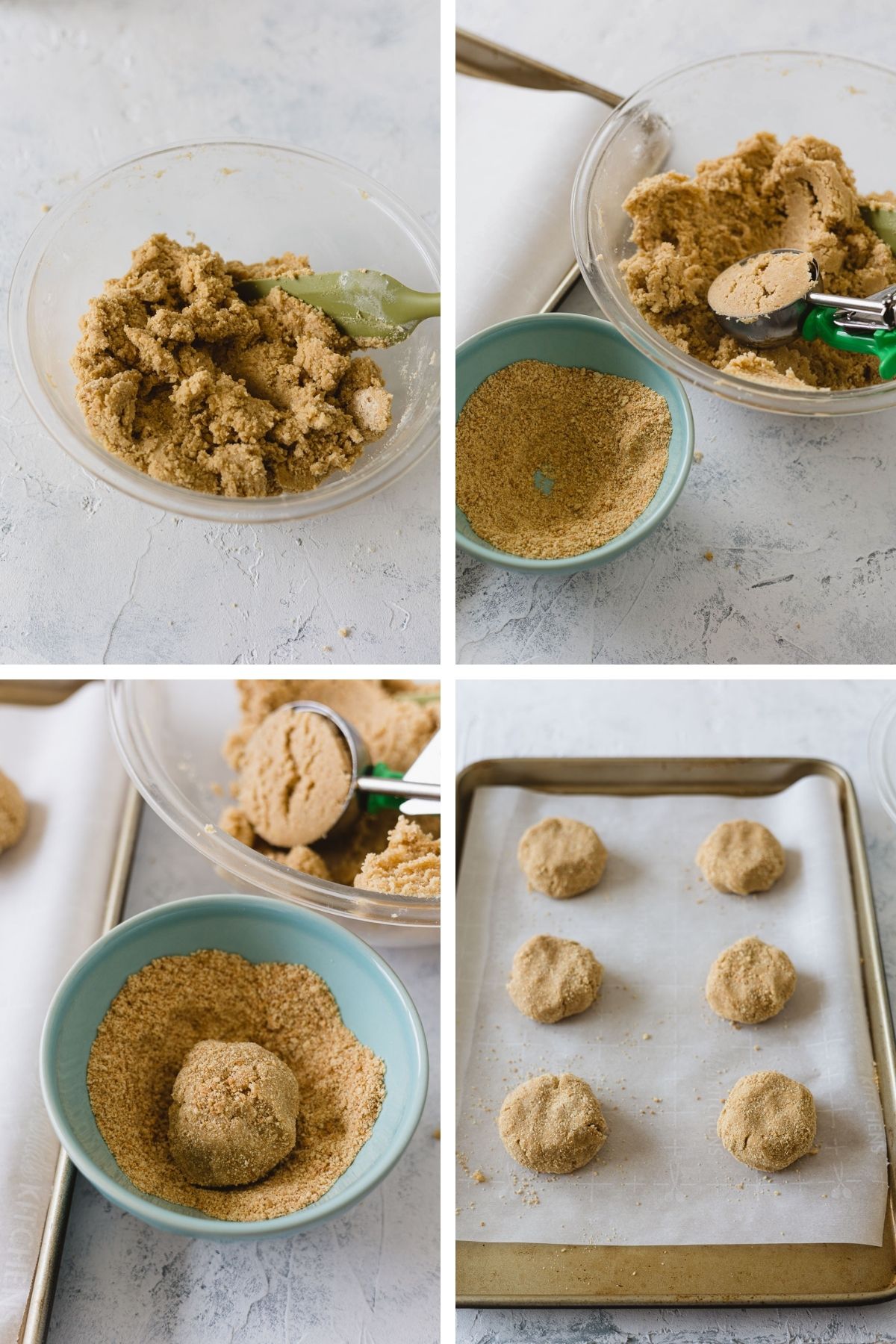 A collage of four photos: mixing cookie dough, scooping cookies, rolling them in graham cracker crumbs, and flattening on a baking sheet.