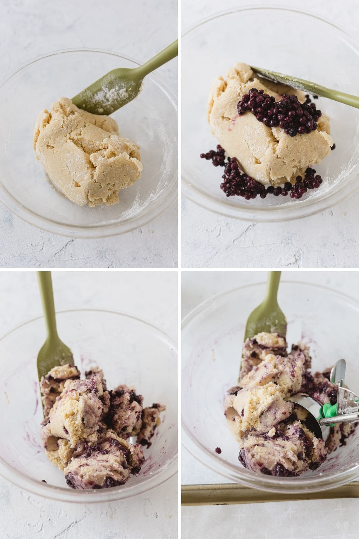 Four images showing cookie dough and cookie dough with wild blueberries folded in with a green spatula.