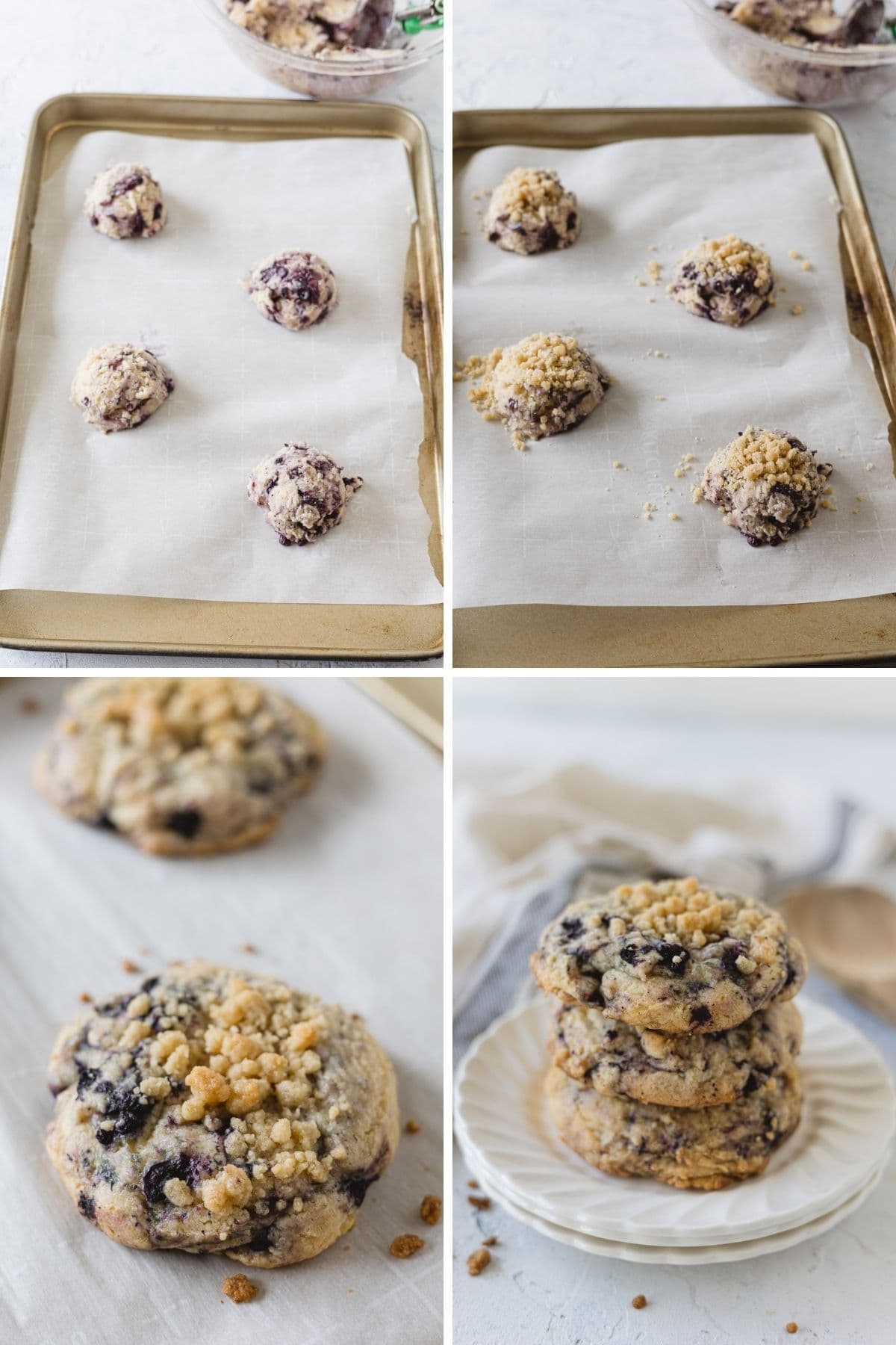 Crumbl blueberry muffin cookies ready to bake on a sheet pan and the final baked cookies.