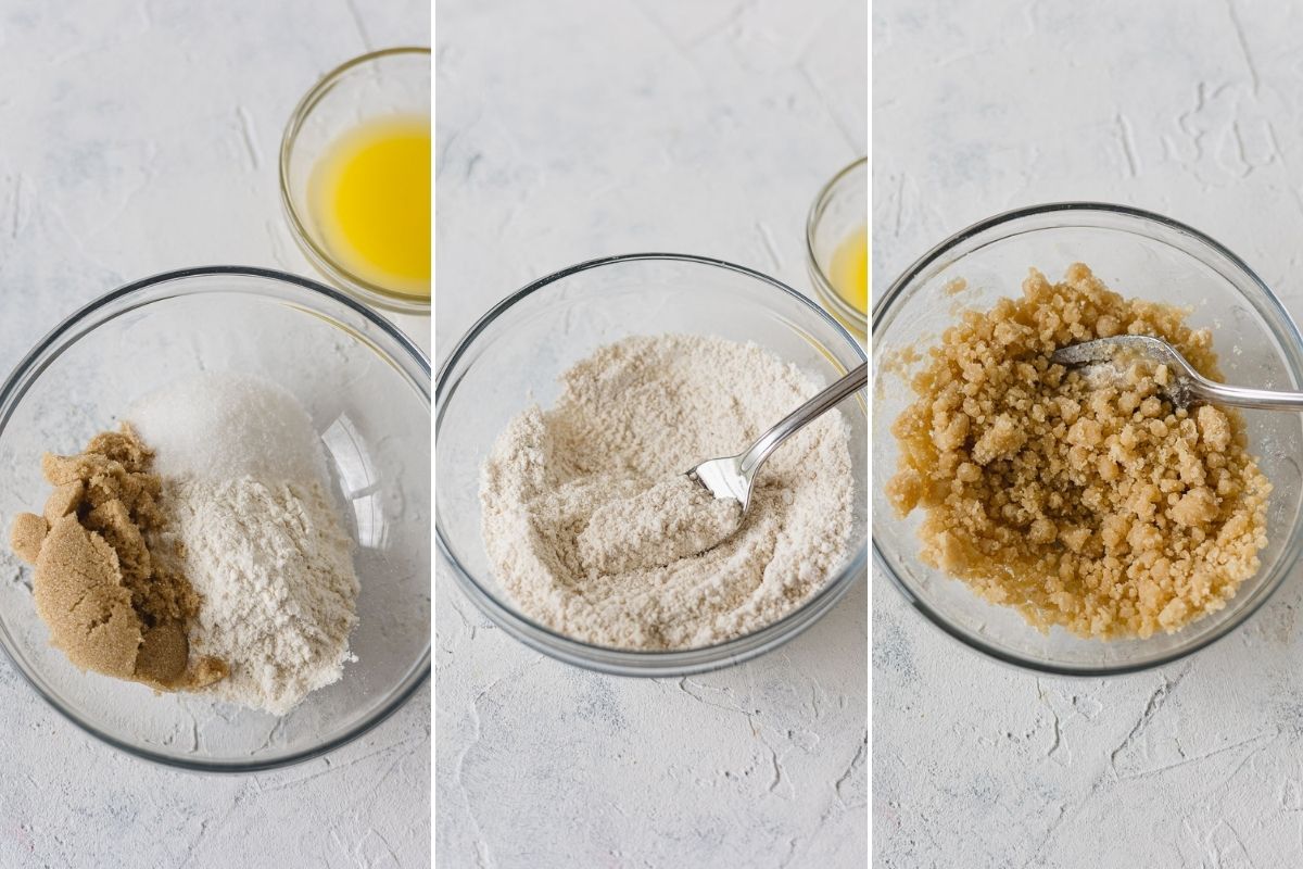 Three step by step images showing how to make a simple muffin streusel.