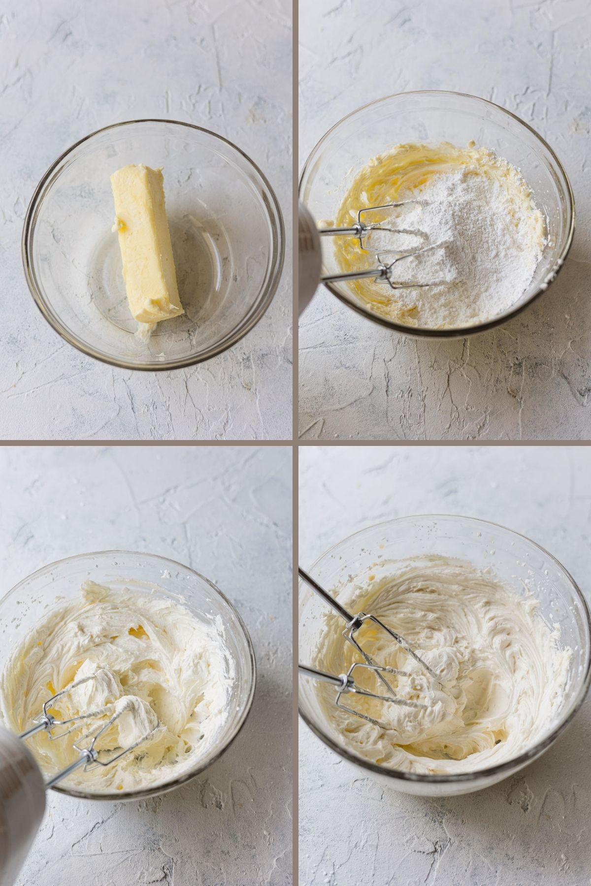 Step by step making buttercream frosting with a hand mixer.