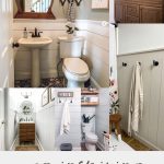 A collage of farmhouse bathrooms with shiplap walls with the words, "10 inspiring shiplap bathrooms"