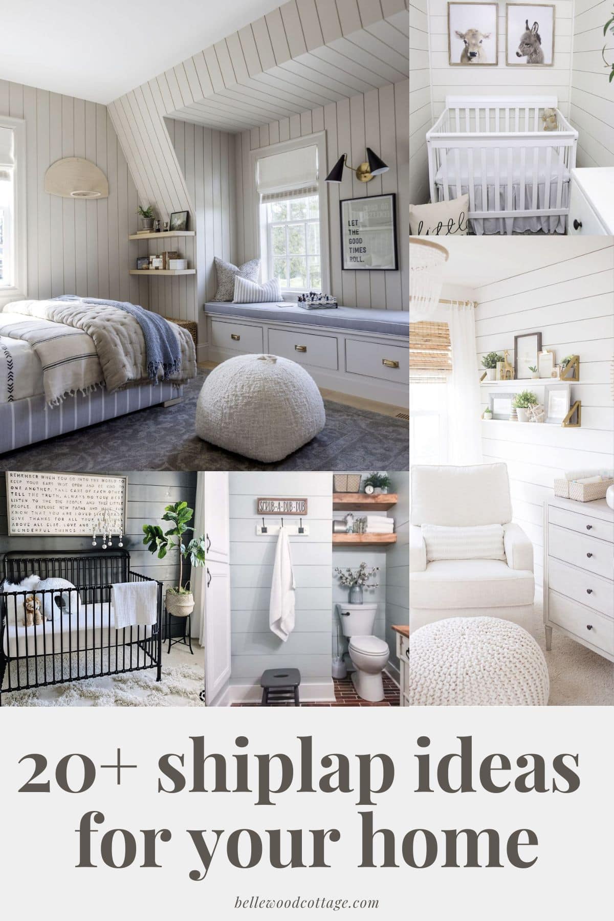 A collage of shiplap ideas from various homes with the words, "20+ Shiplap Ideas for Your Home"