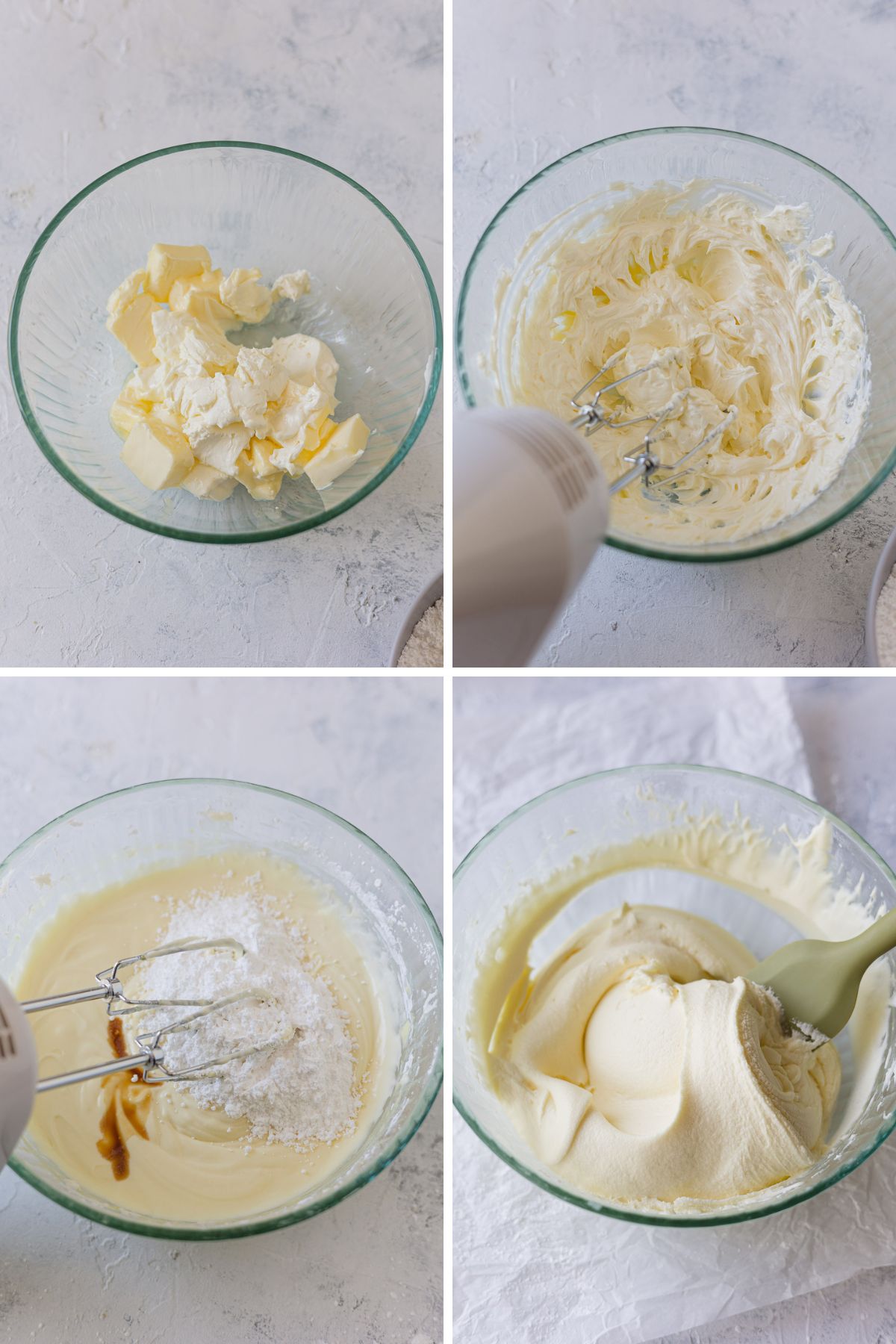 Step by step photos of blending cream cheese frosting with a hand mixer and a spatula.