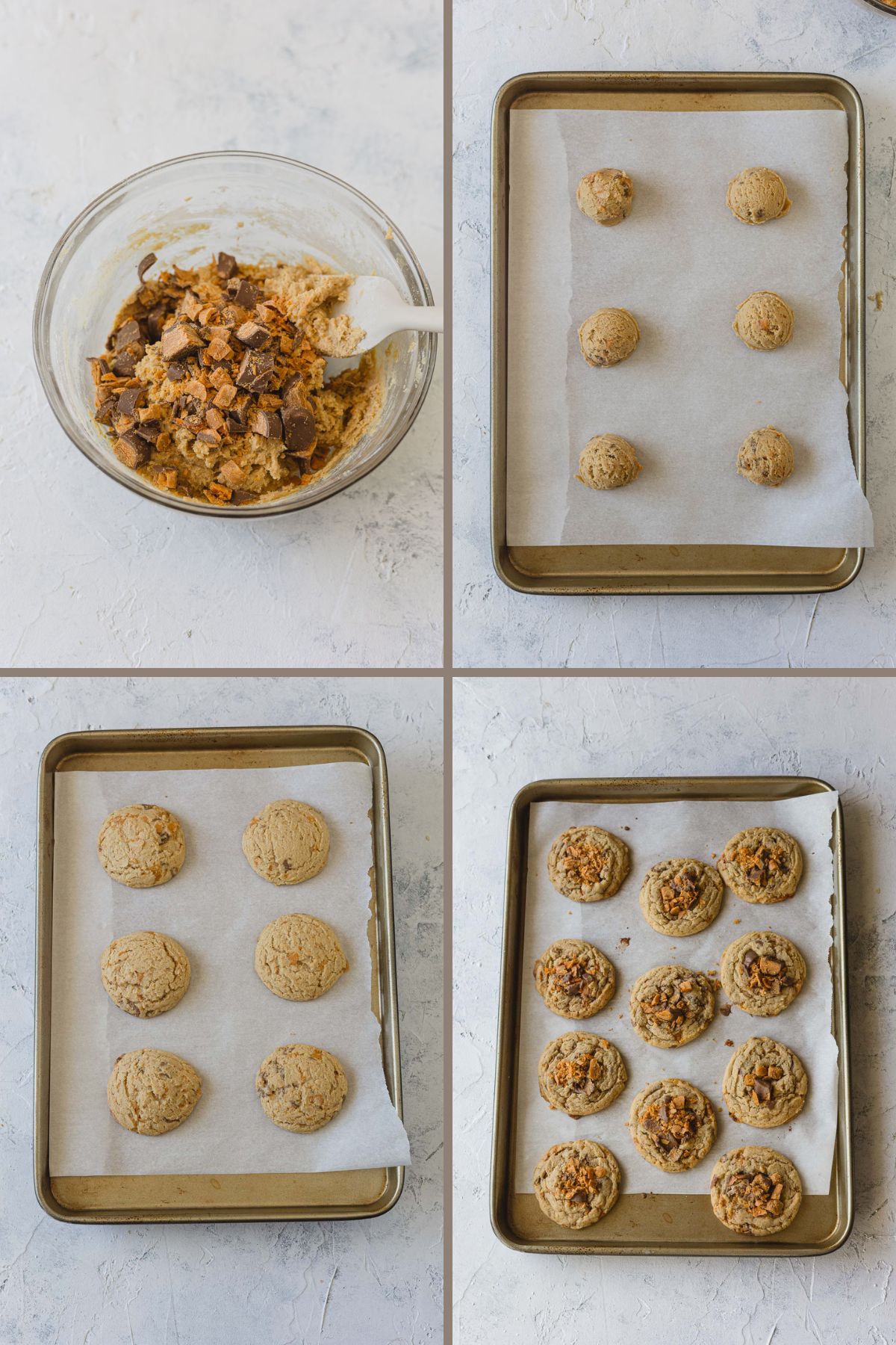 Step by step shaping and baking Butterfinger cookies on a cookie sheet.