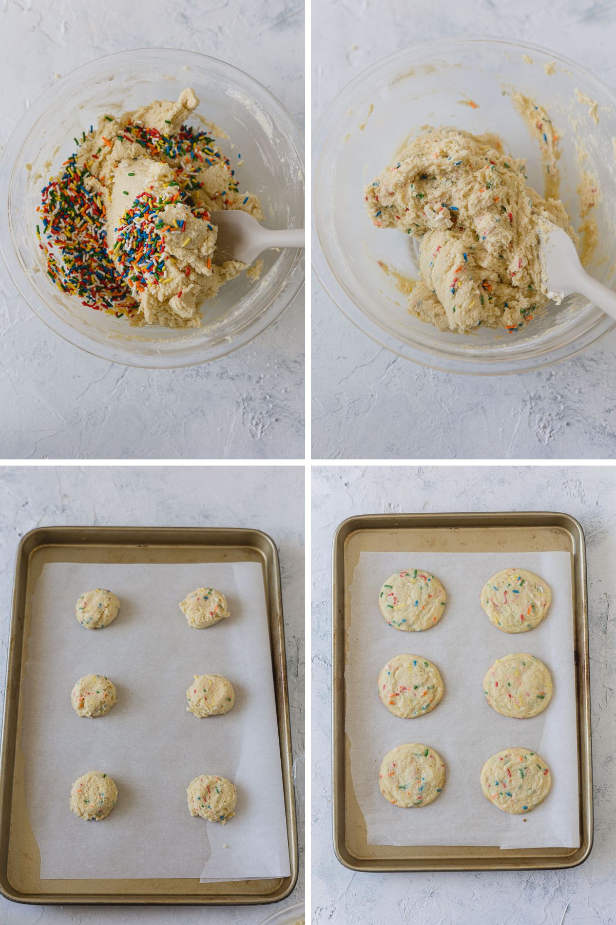 Mixing sprinkles into sugar cookie dough and shaping and baking cookies.