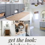 A collage of farmhouse bathrooms with planked walls with the words, "Get the Look: Shiplap in a Bathroom"