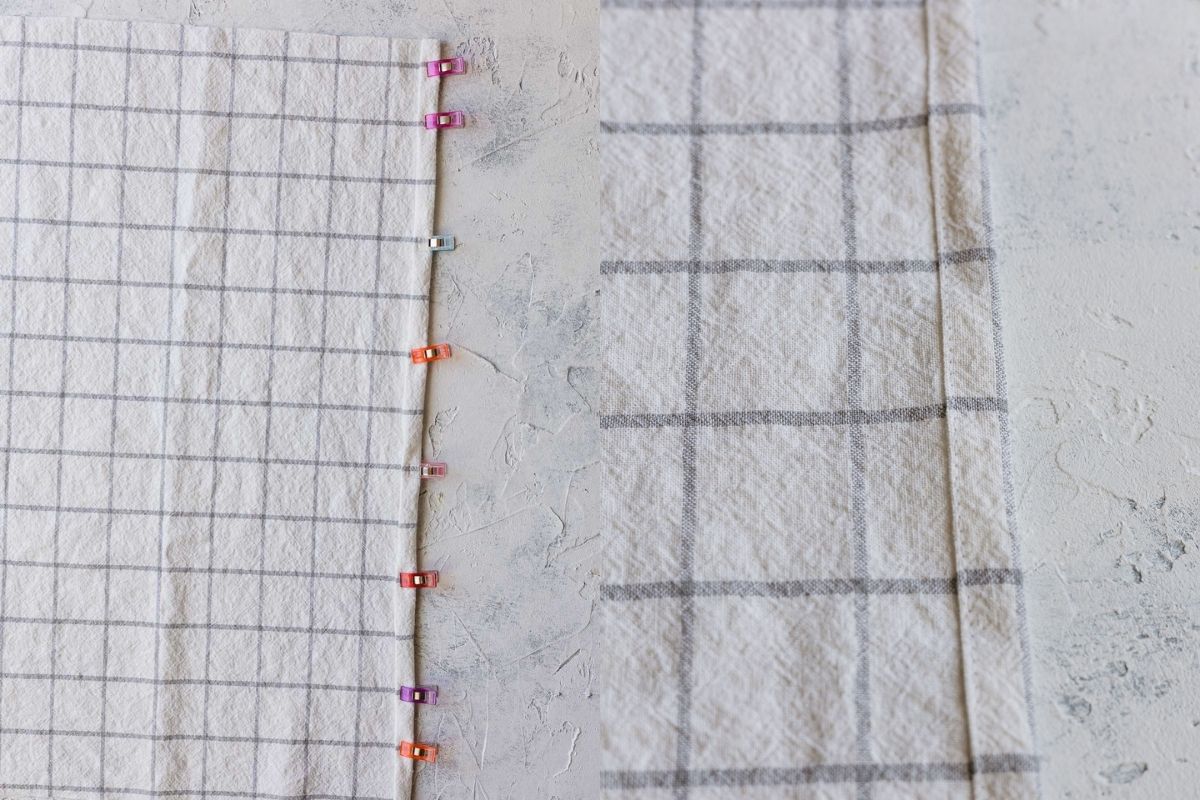 Pinning the long edge of a dish towel for hemming and the finished hem.