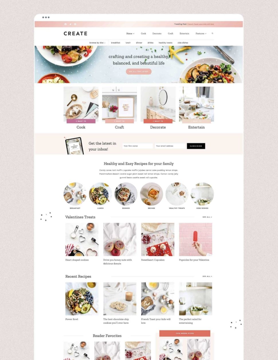 A screenshot of Create Theme homepage, a WordPress theme for lifestyle and creative bloggers.