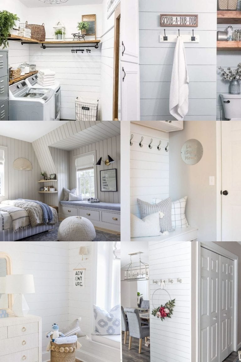 A collage of various shiplap wall ideas.