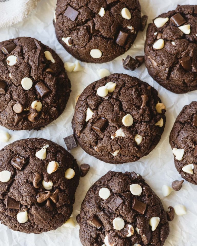 Crumbl copycat Triple Chocolate Cookies on a piece of crinkled white parchment paper.
