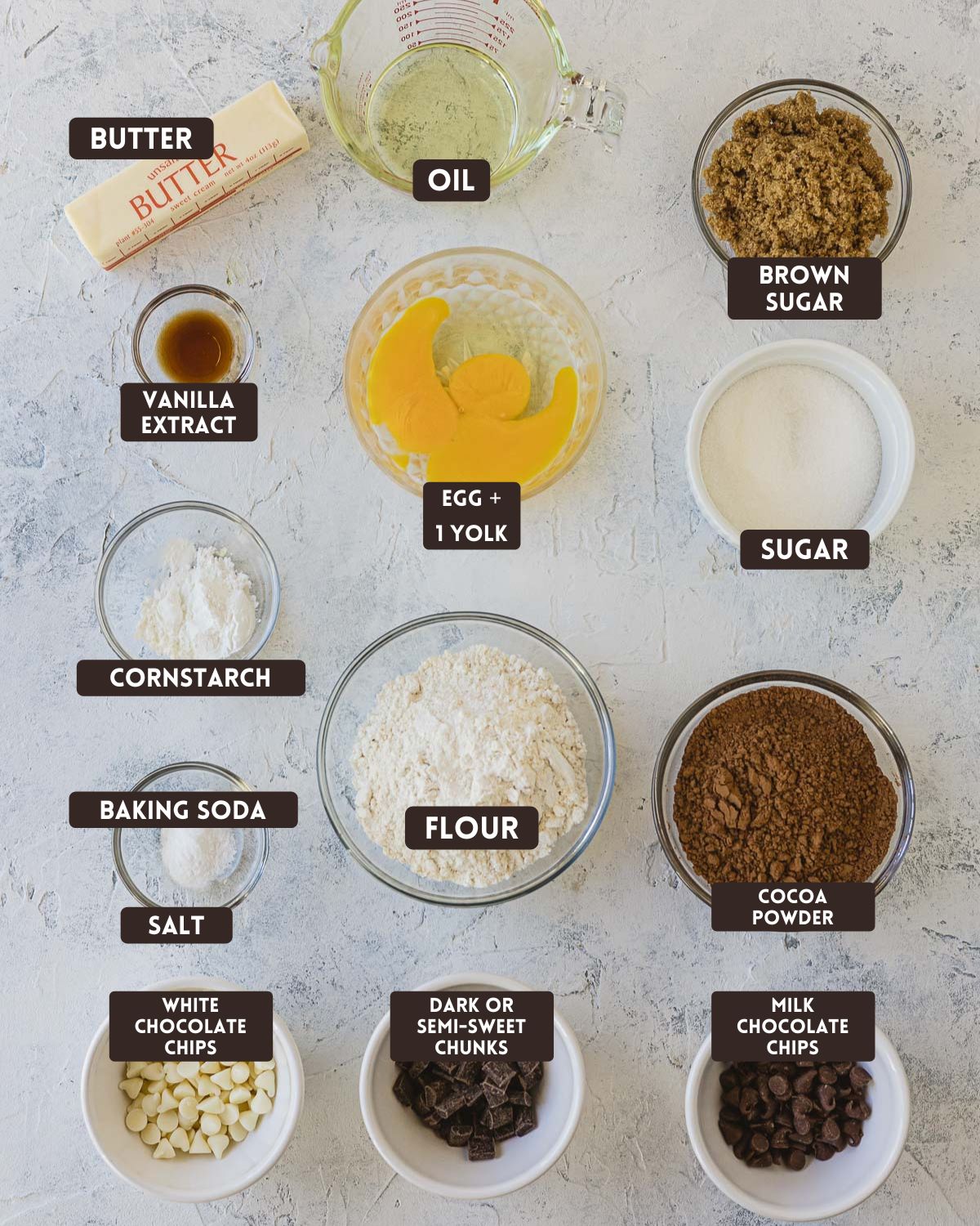 Labeled ingredients for Triple Chocolate Cookies: butter, oil, brown sugar, vanilla extract, eggs, sugar, cornstarch, flour, cocoa powder, baking soda, salt, white chocolate chips, dark or semi-sweet chunks, and milk chocolate chips.