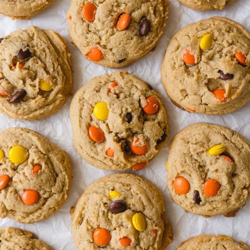 Rows of Reese's Pieces Peanut Butter Cookies.