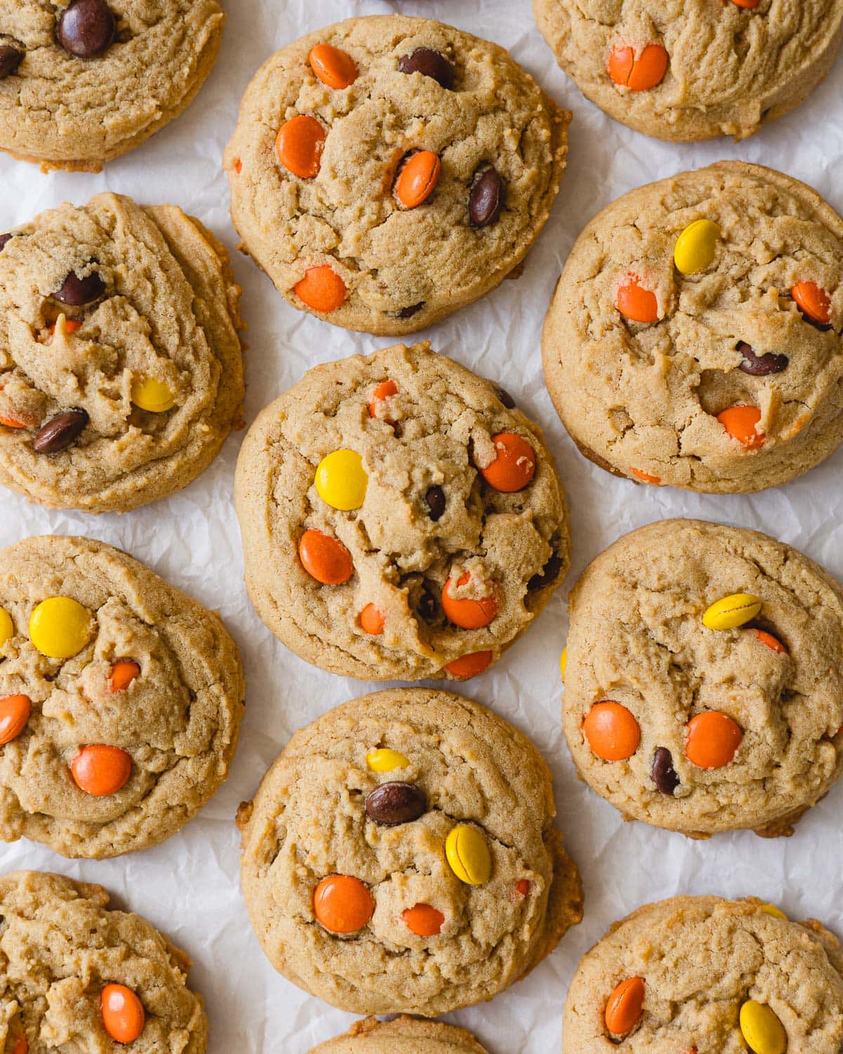 Rows of Reese's Pieces Peanut Butter Cookies.