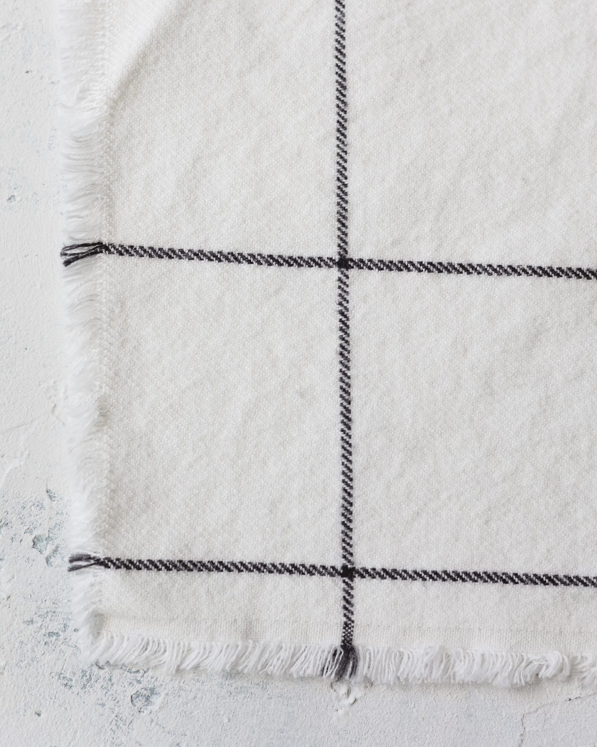 Selvage edge on a piece of white fabric with black grid.