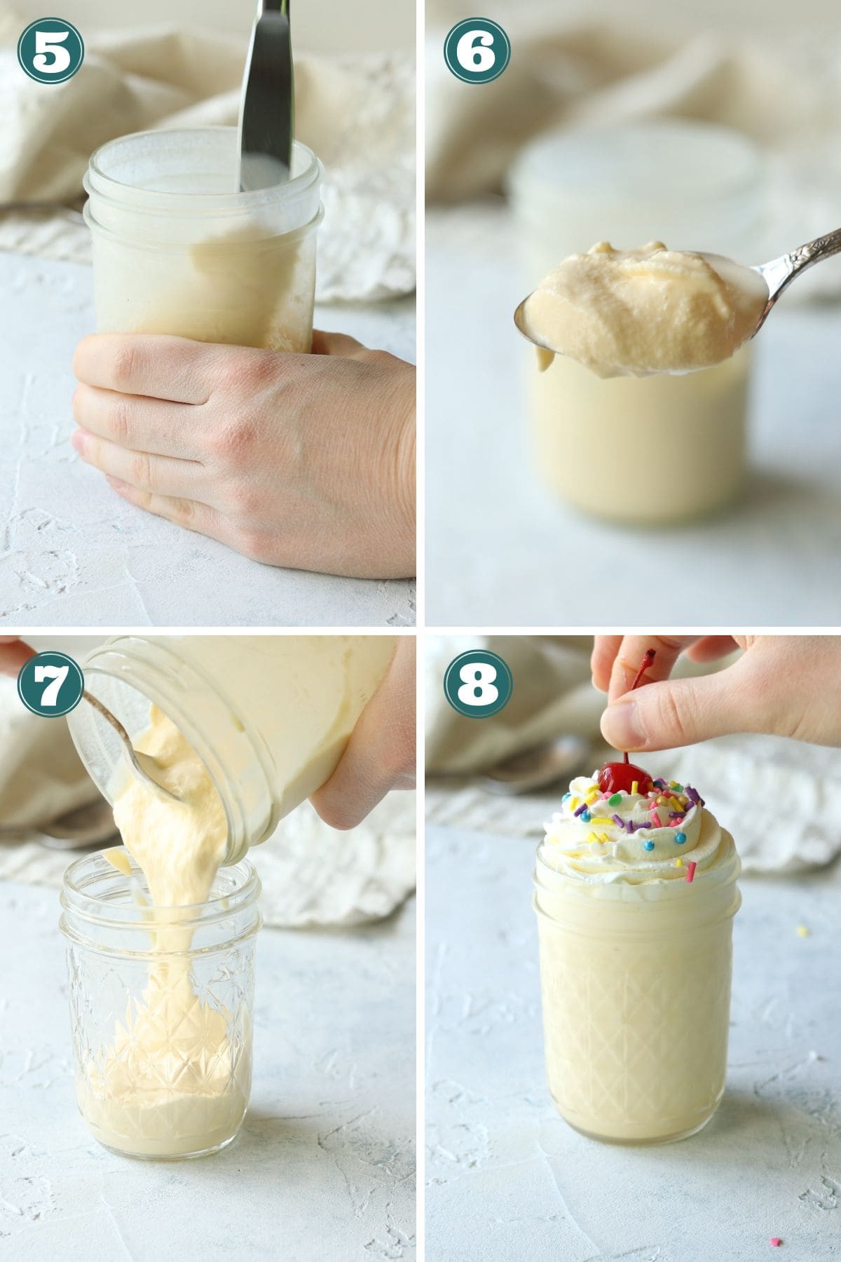 Step by step making a milkshake in a mason jar - stirring, checking texture, pouring into a glass, topping with whipped cream, sprinkles, and a cherry.