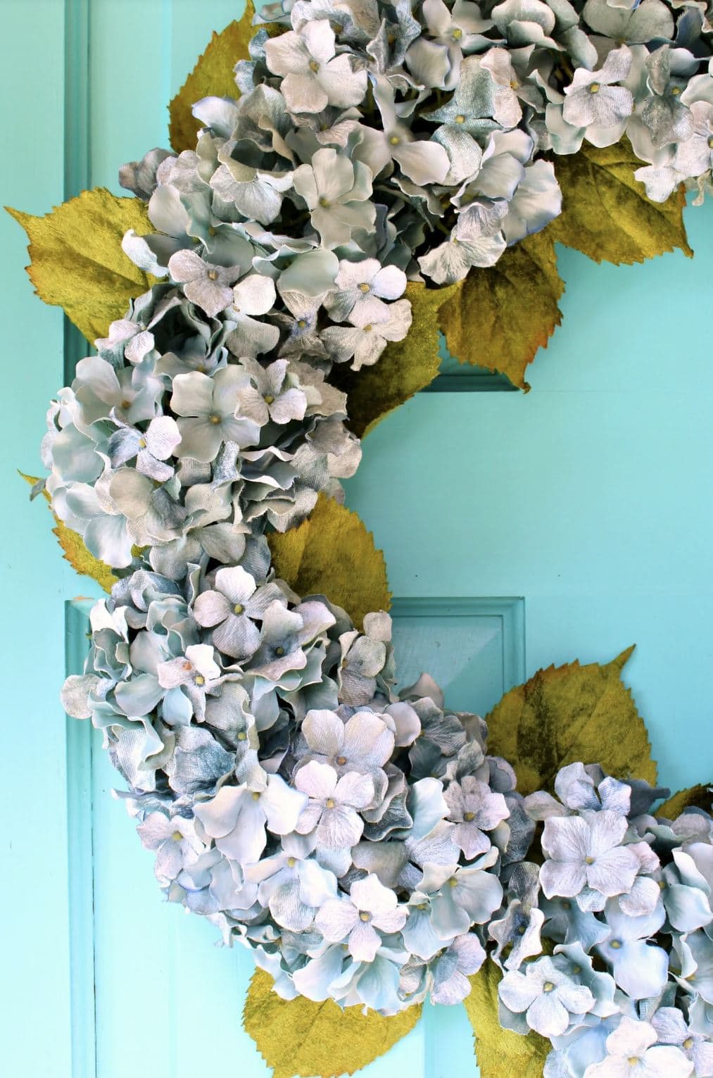 A handmade hydrangea wreath.