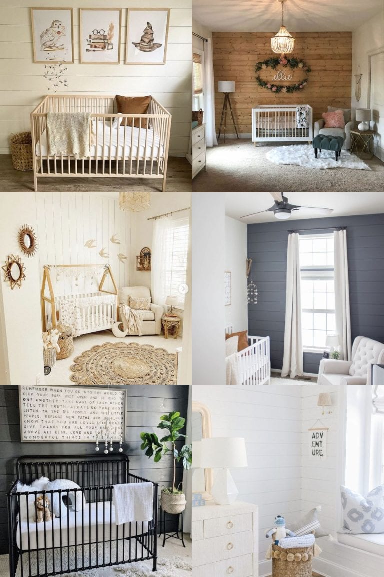 A collage of six baby nurseries with shiplap walls.