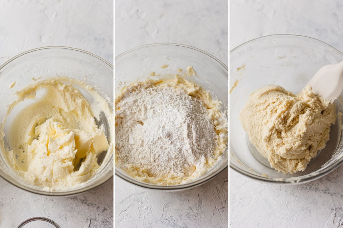 Creaming butter and sugar together, adding dry ingredients to a bowl of cookie dough, and sugar cookie dough ready for baking.