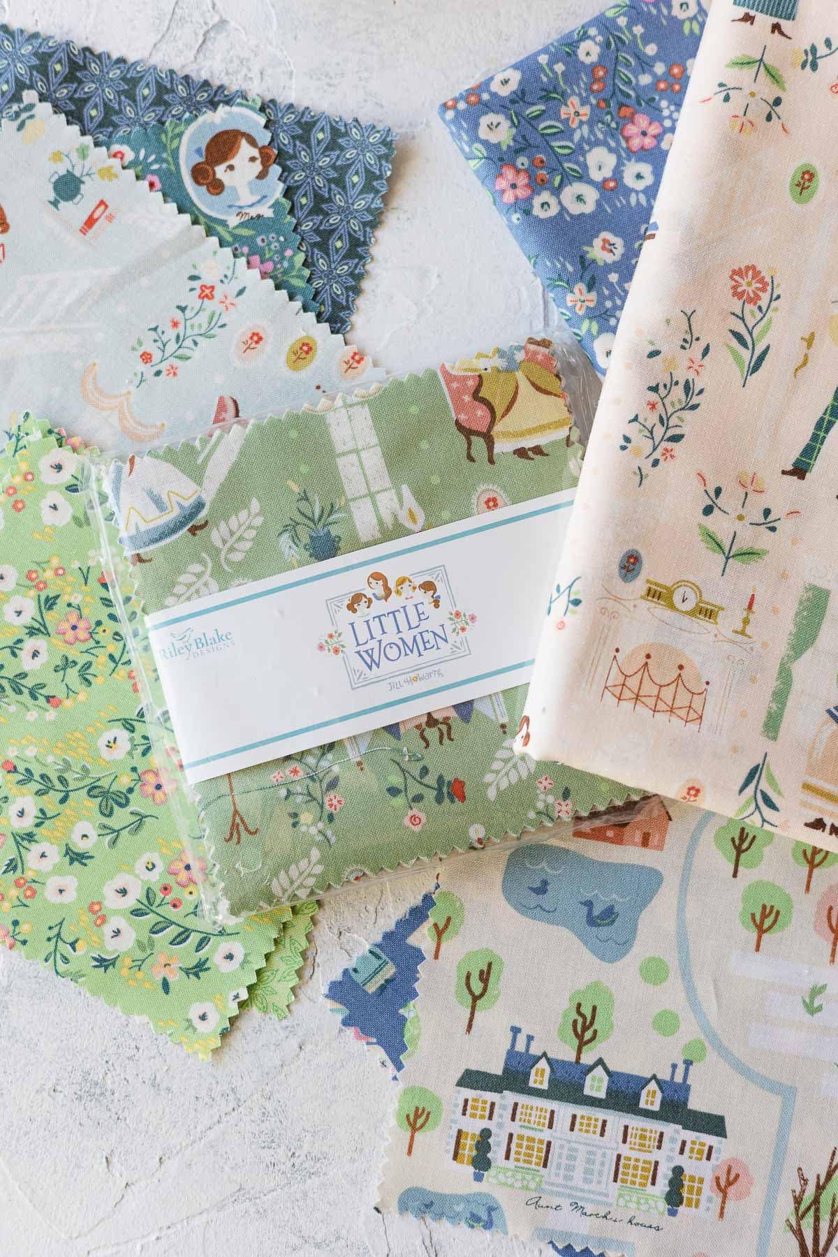 A package of charm squares and fabric from Riley Blake's Little Women fabric collection by Jill Howarth.