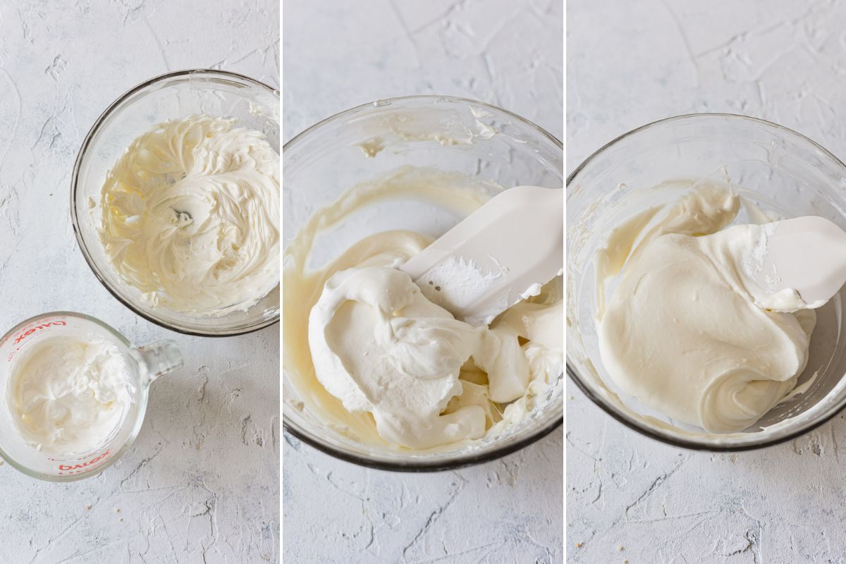 Step by step making no bake cheesecake frosting.