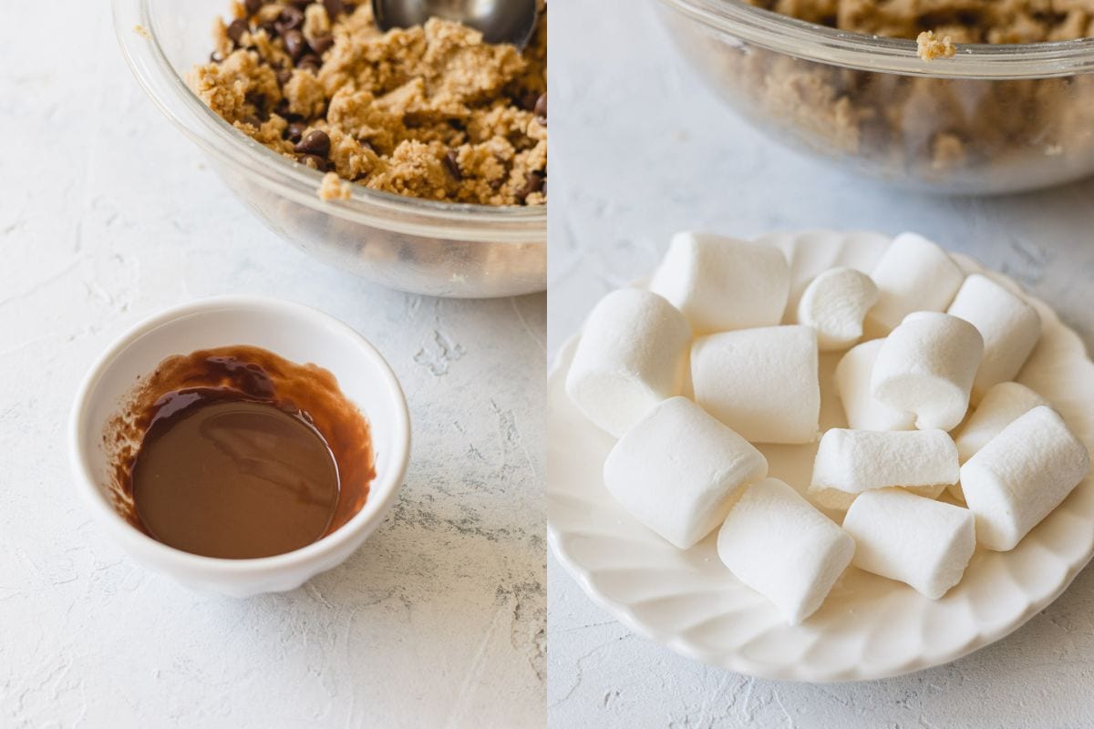 A bowl of chocolate ganache and a plate of large marshmallows.