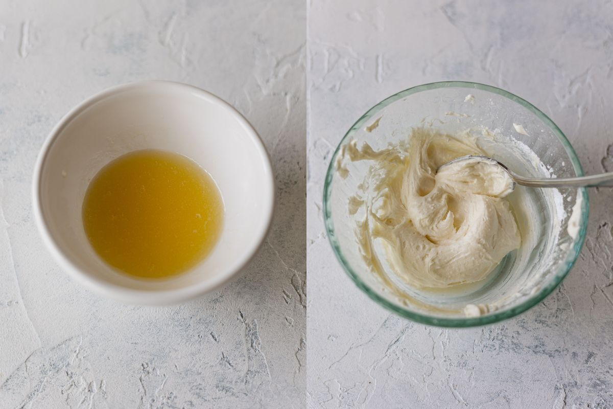 A small bowl of honey butter and a bowl of honey buttercream.