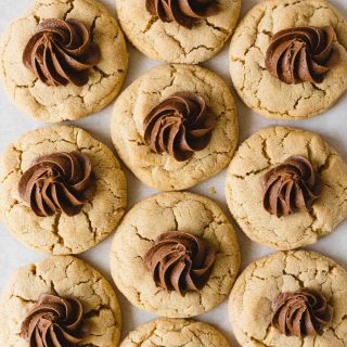 Crackled peanut butter cookies topped with swirls of fudge frosting.