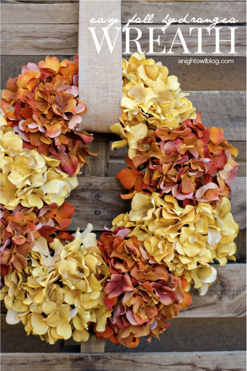 A yellow and orange DIY hydrangea wreath with the words, "Easy Fall Hydrangea Wreath".