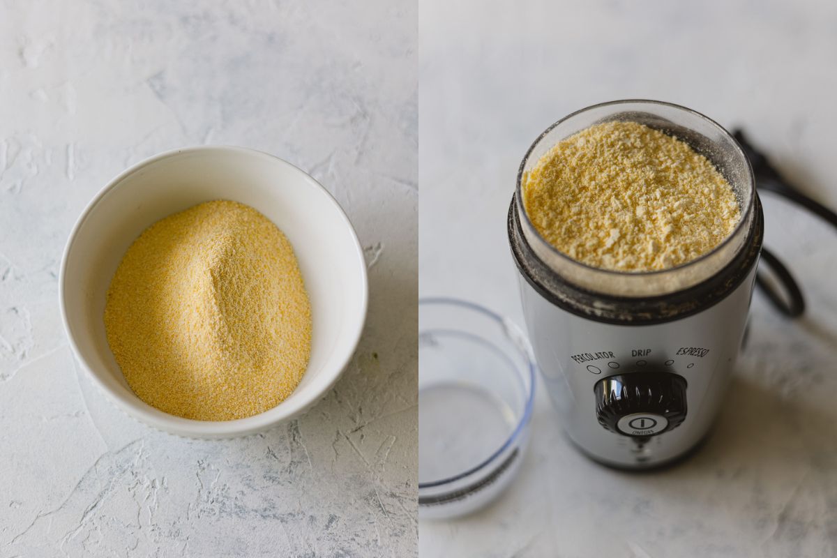 Cornmeal in bowl and finely ground in a coffee grinder.