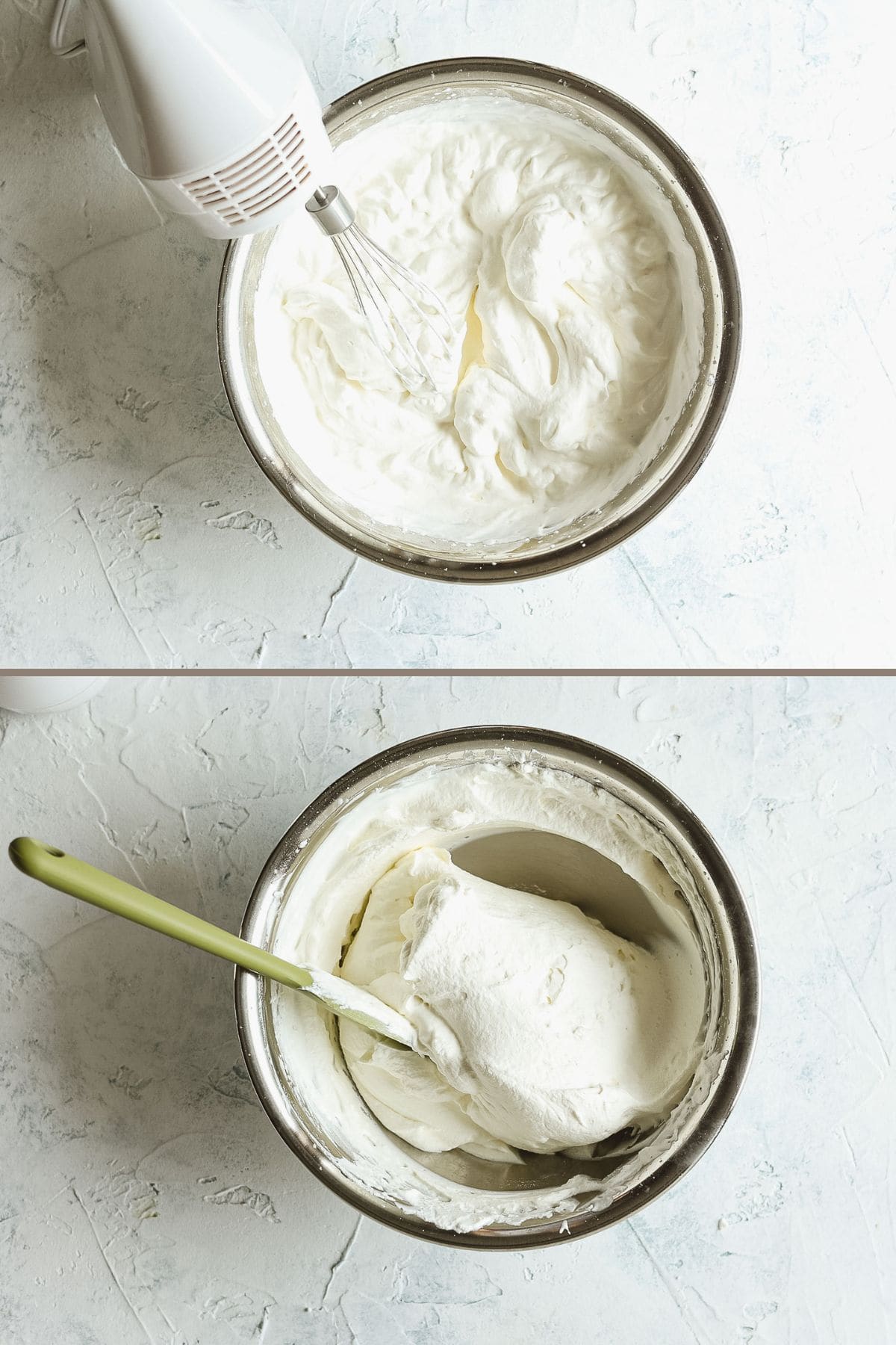 Finished homemade whipped cream shown with hand mixer and with a spatula.