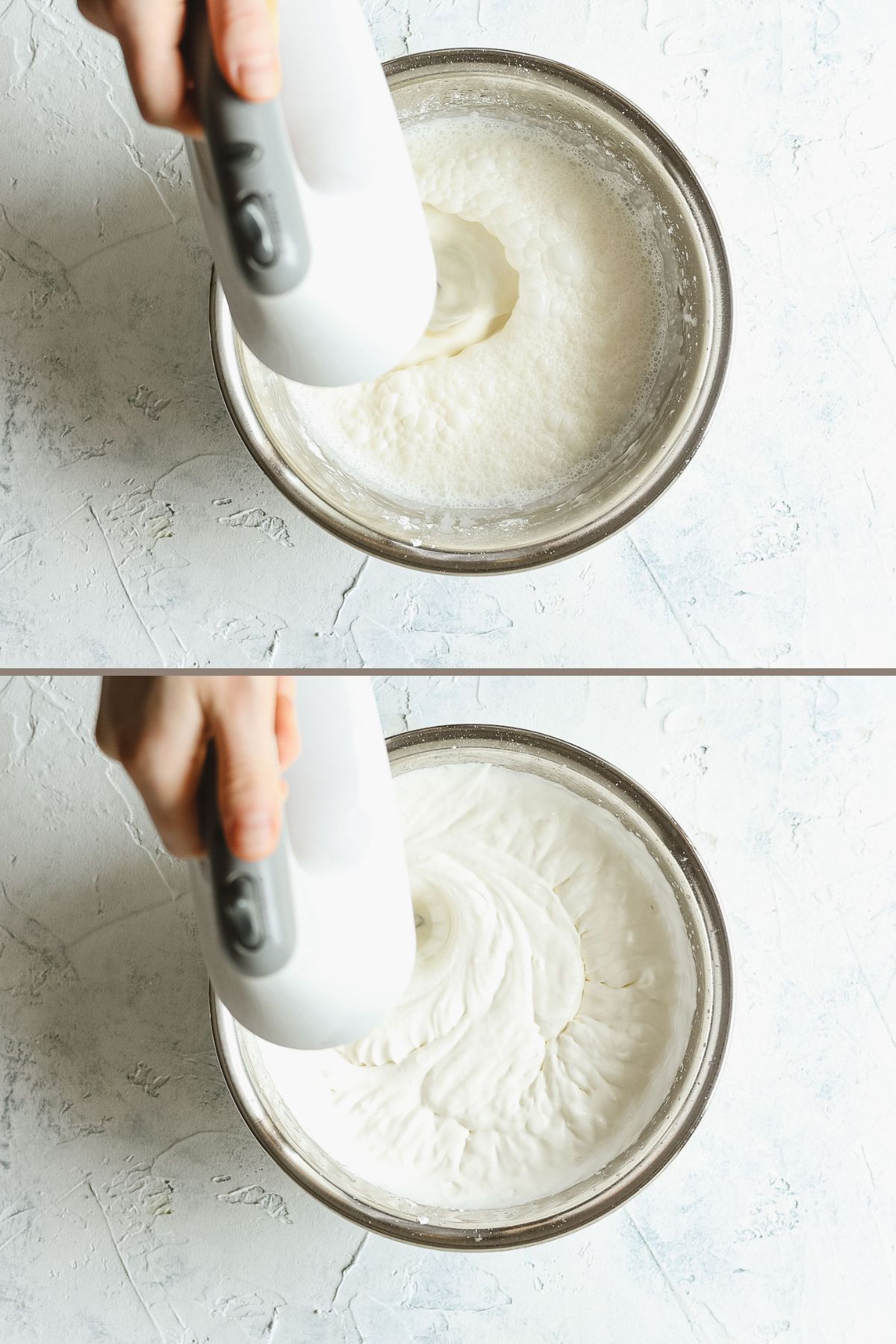 Whipping up homemade whipped cream with a hand mixer in a metal bowl.
