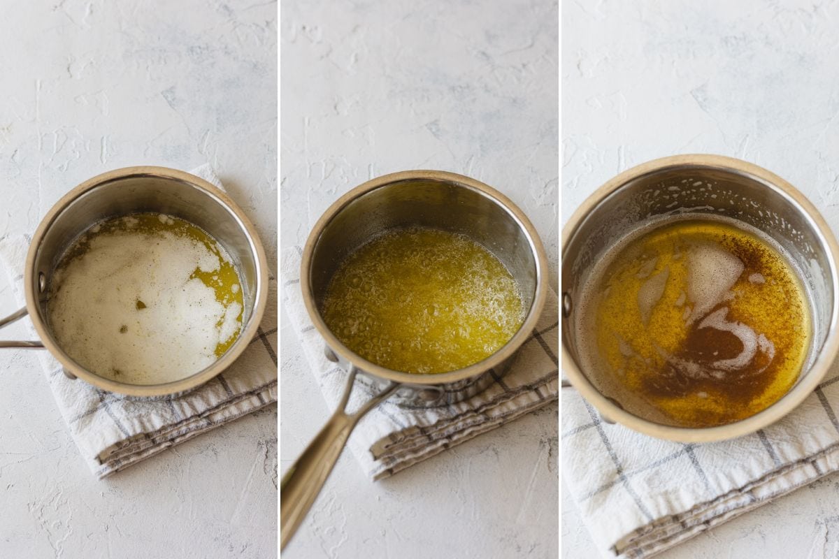 Step by step browning butter in a saucepan.