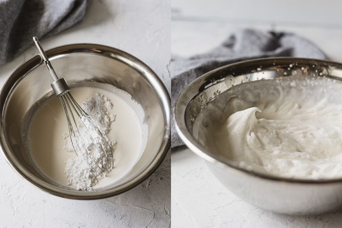 A metal bowl filled with ingredients for whipped cream and the finished whipped cream.
