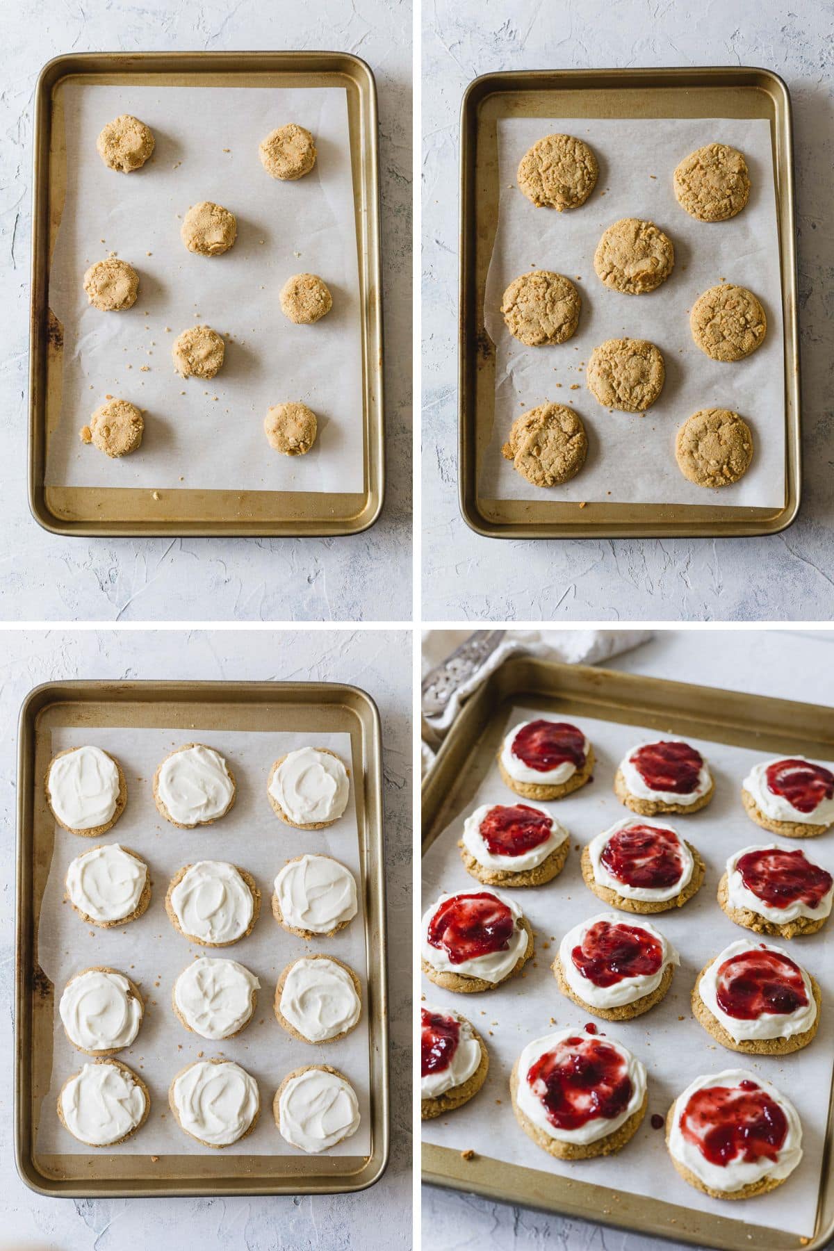 Step by step baking, frosting, and adding jam to cheesecake cookies.