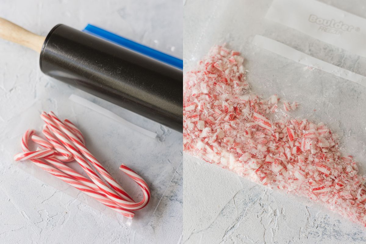 A bag filled with whole candy canes, a rolling pin, and a bag of crushed candy canes.