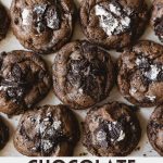 Chocolate Cookies baked with crushed oreos pressed into the tops with the words, "Chocolate Oreo Cookies"