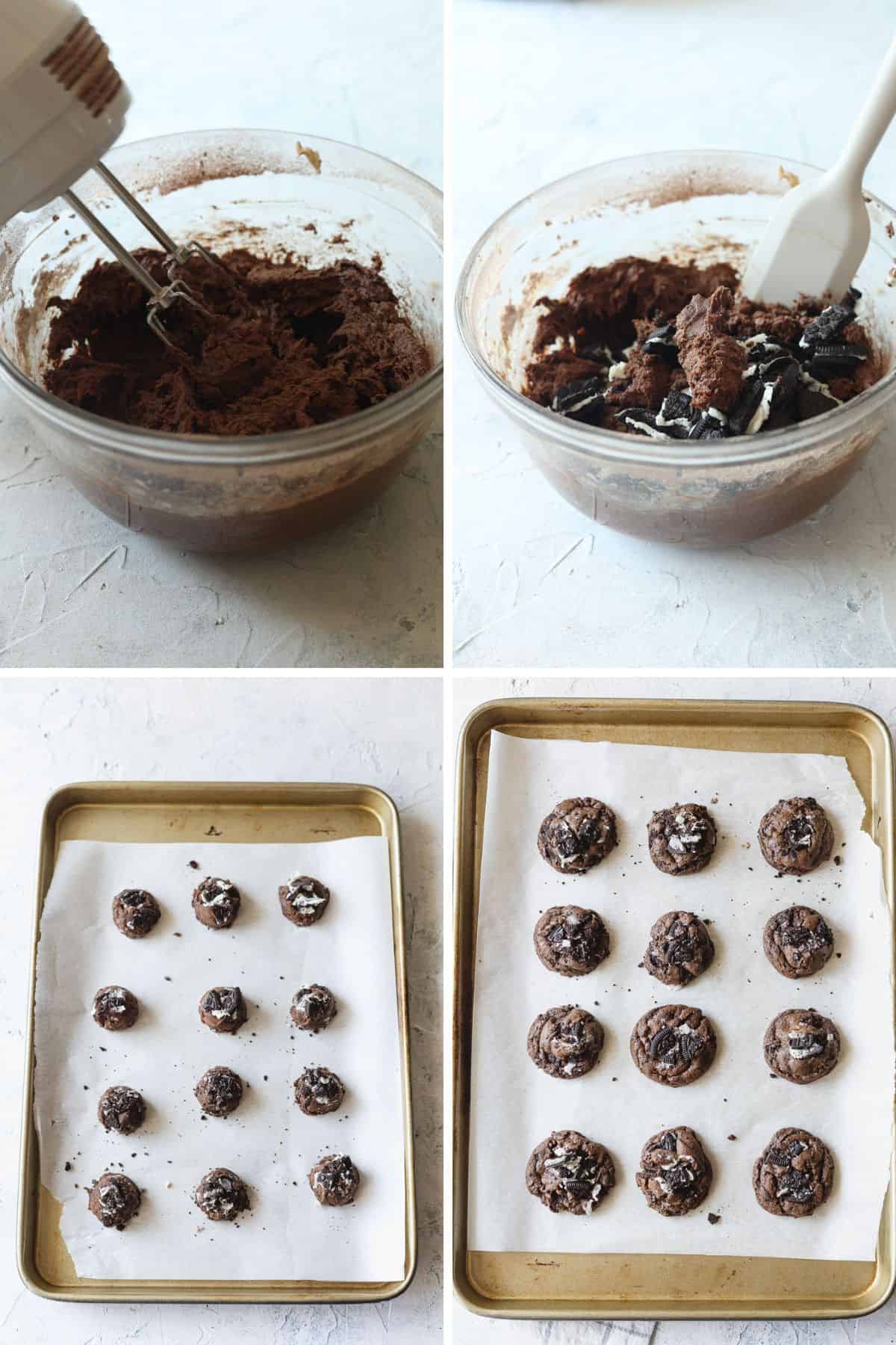 Step by step of chocolate cookies - mixing the dough, scooping the cookies, pressing cookie pieces into the tops, and the baked cookies.