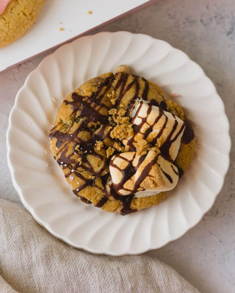 A S'mores Crumbl Cookie on a plate.