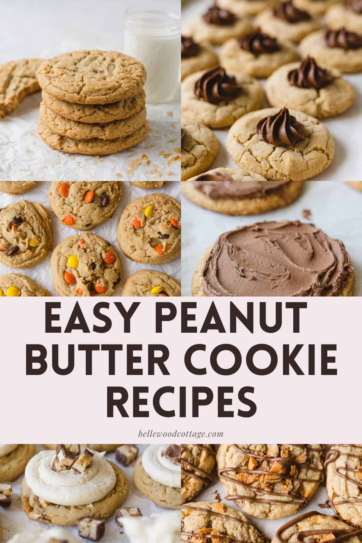 A collage of peanut butter cookies frosted and unfrosted with the words, "Easy Peanut Butter Cookies".