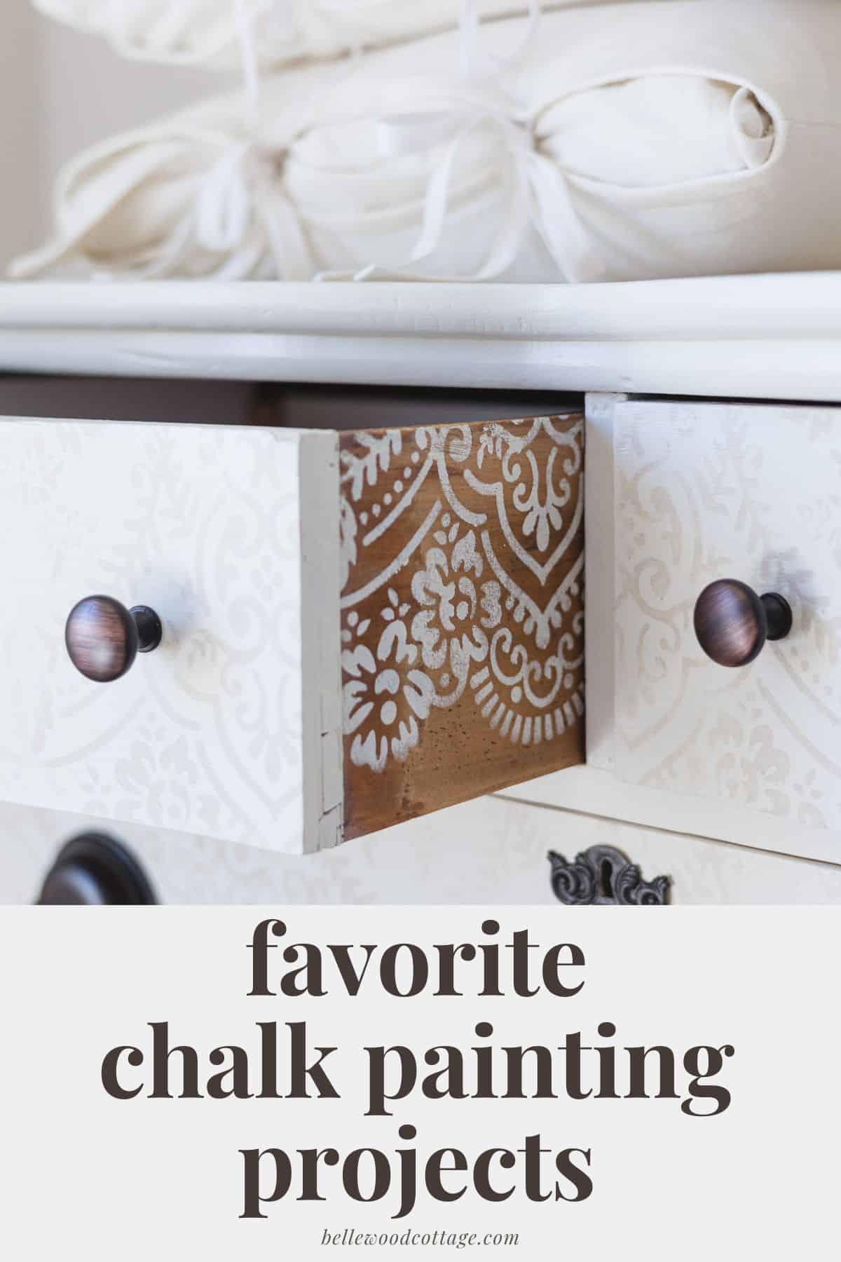 A dresser drawer pulled open to reveal white stenciling on the side with the words, "Favorite Chalk Painting Projects."