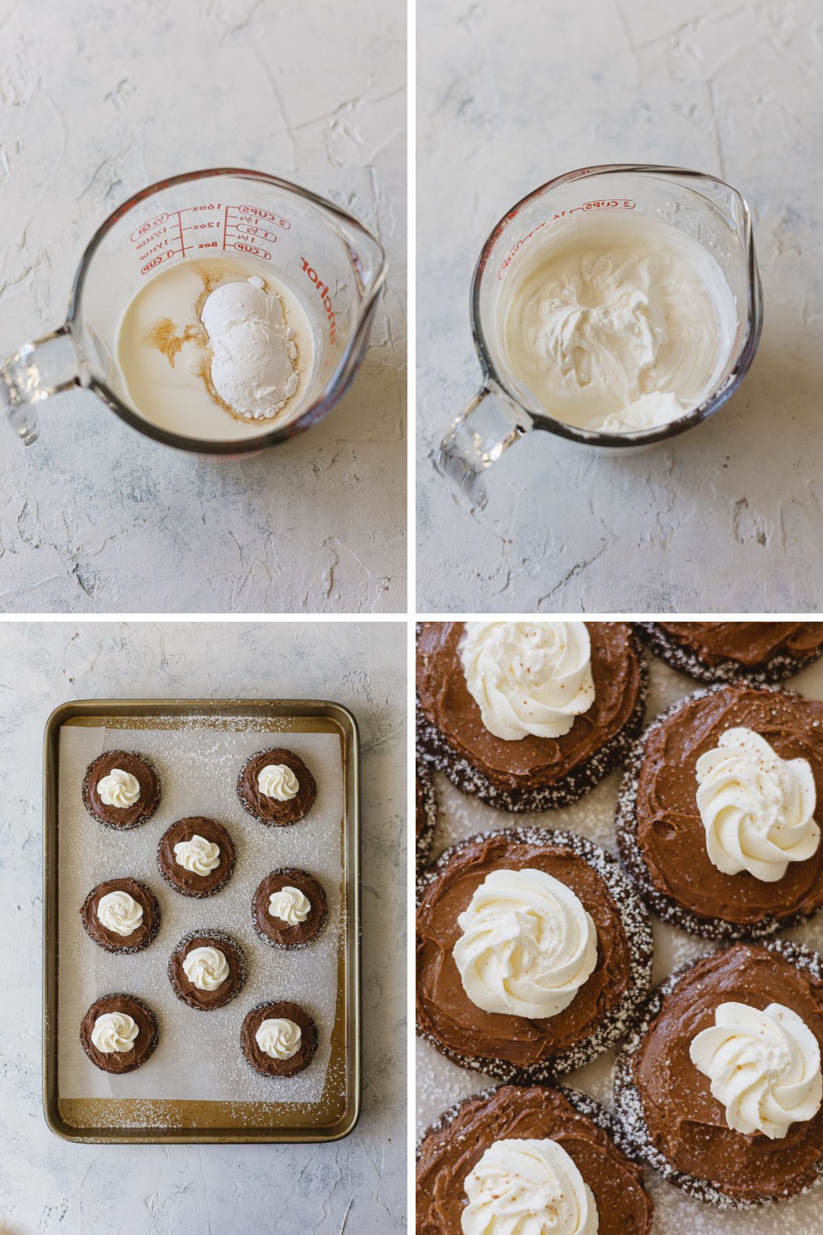Preparing homemade whipped cream and piping swirls on top of chocolate frosted cookies.